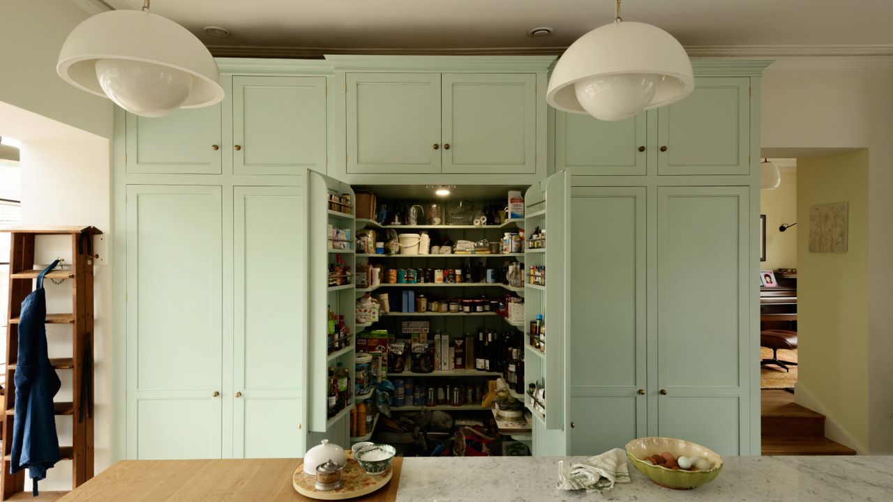 a mint green pantry cupboard open in a wood and white themed kitchen