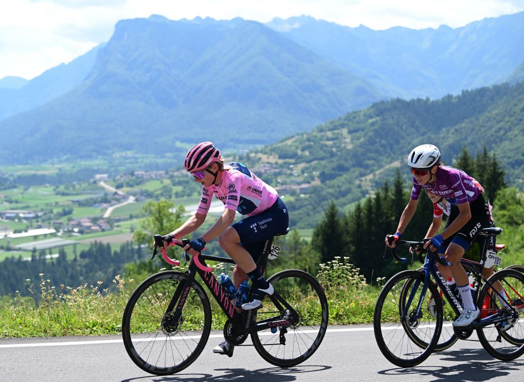 SAN LORENZO DORSINO ITALY JULY 09 LR Annemiek Van Vleuten of Netherlands and Movistar Team Pink Leader Jersey and Marta Cavalli of Italy and Team FDJ Nouvelle Aquitaine Futuroscope Purple Points Jersey compete during the 33rd Giro dItalia Donne 2022 Stage 9 a 1128km stage from San Michele AllAdige to San Lorenzo Dorsino 727m GiroDonne UCIWWT on July 09 2022 in San Lorenzo Dorsino Italy Photo by Dario BelingheriGetty Images