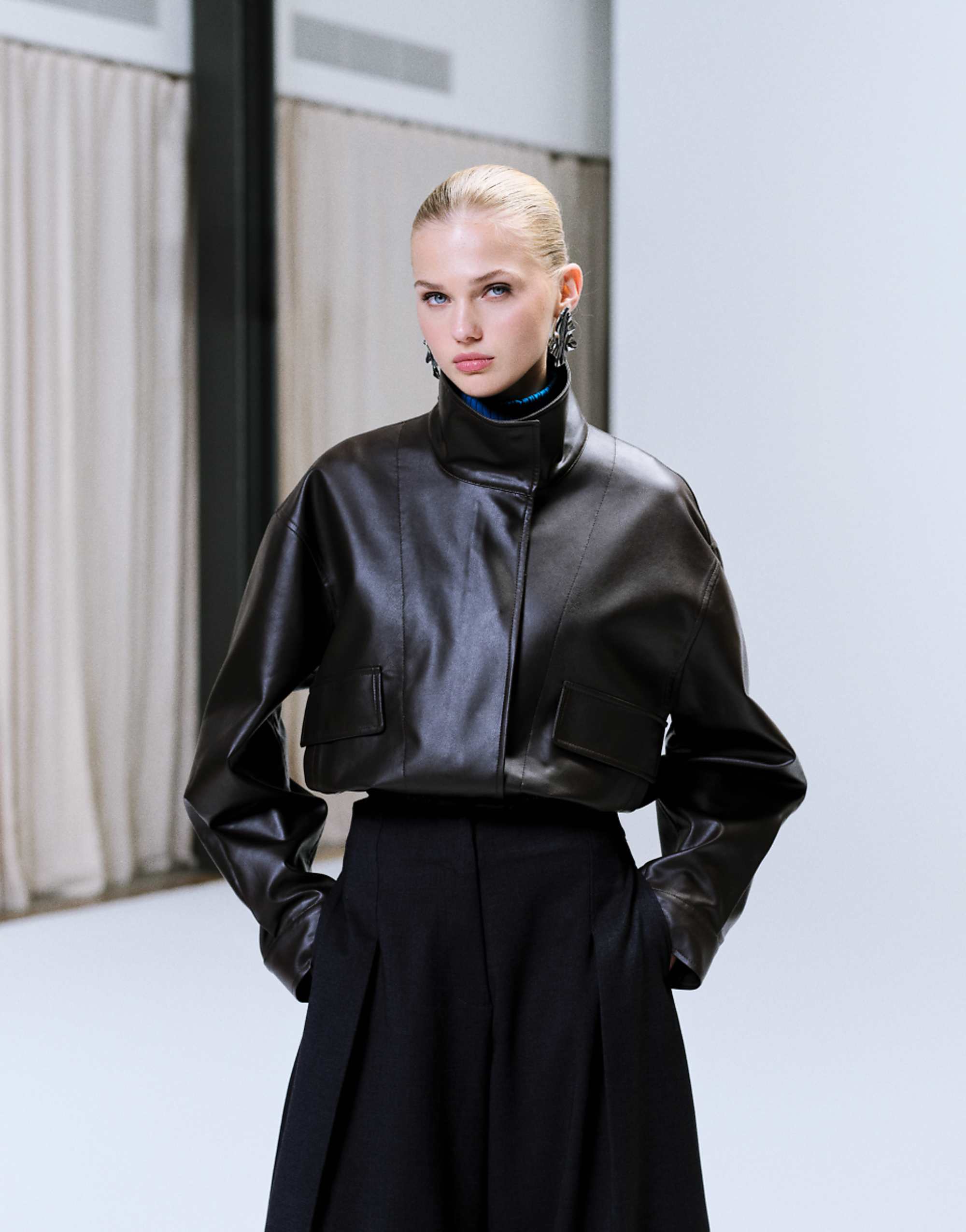 Asos Design Faux Leather Funnel Neck Jacket in Chocolate Brown