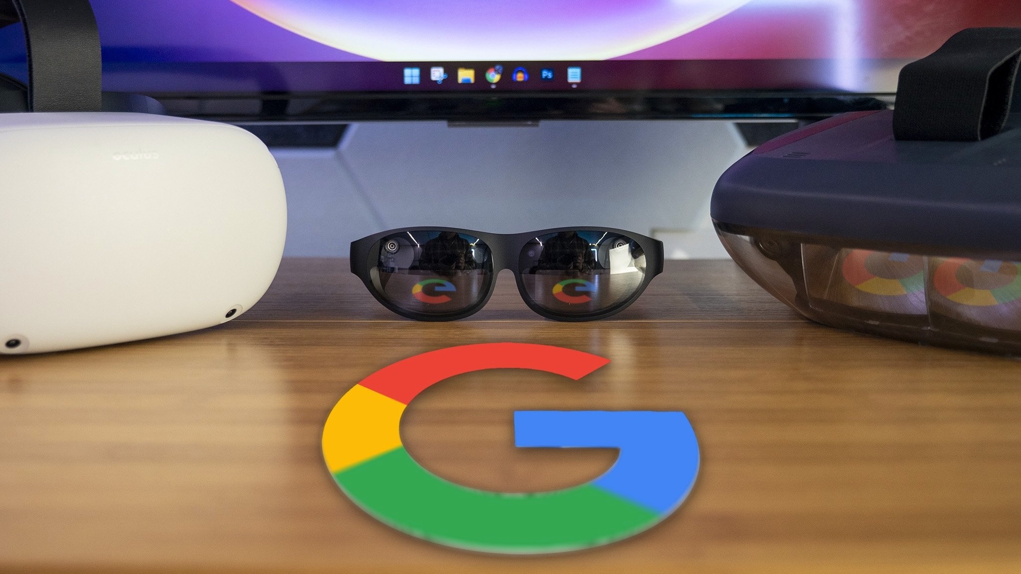 Various VR and AR headsets with the Google logo in front