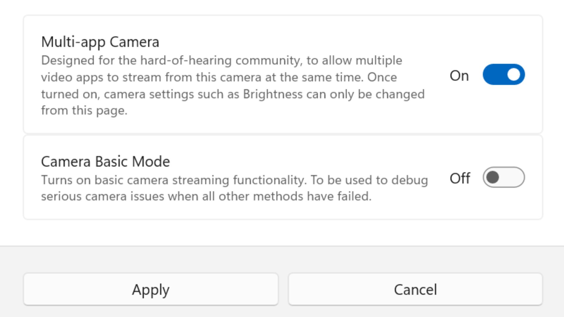 Microsoft Windows 11 multi-app camera setting