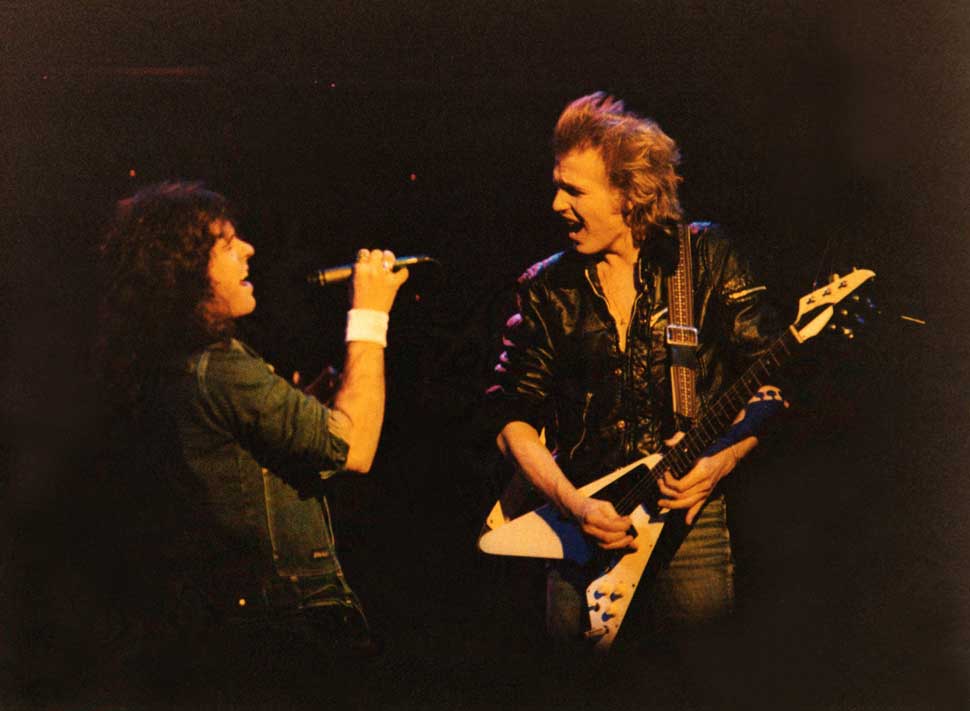 Gary Barden and Michael Schenker of The Michael Schenker Group perform on stage at Hammersmith Odeon, on November 27th, 1982 in Lond