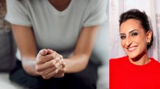 Woman's hands clasped together, representing stress as a symptom of perimenopause, next to profile of Dr Punam Krishan