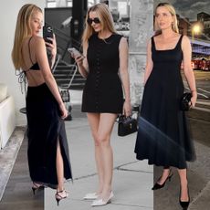 a collage of three photos of fashion editor Kristen Nichols wearing different chic black dress outfit ideas