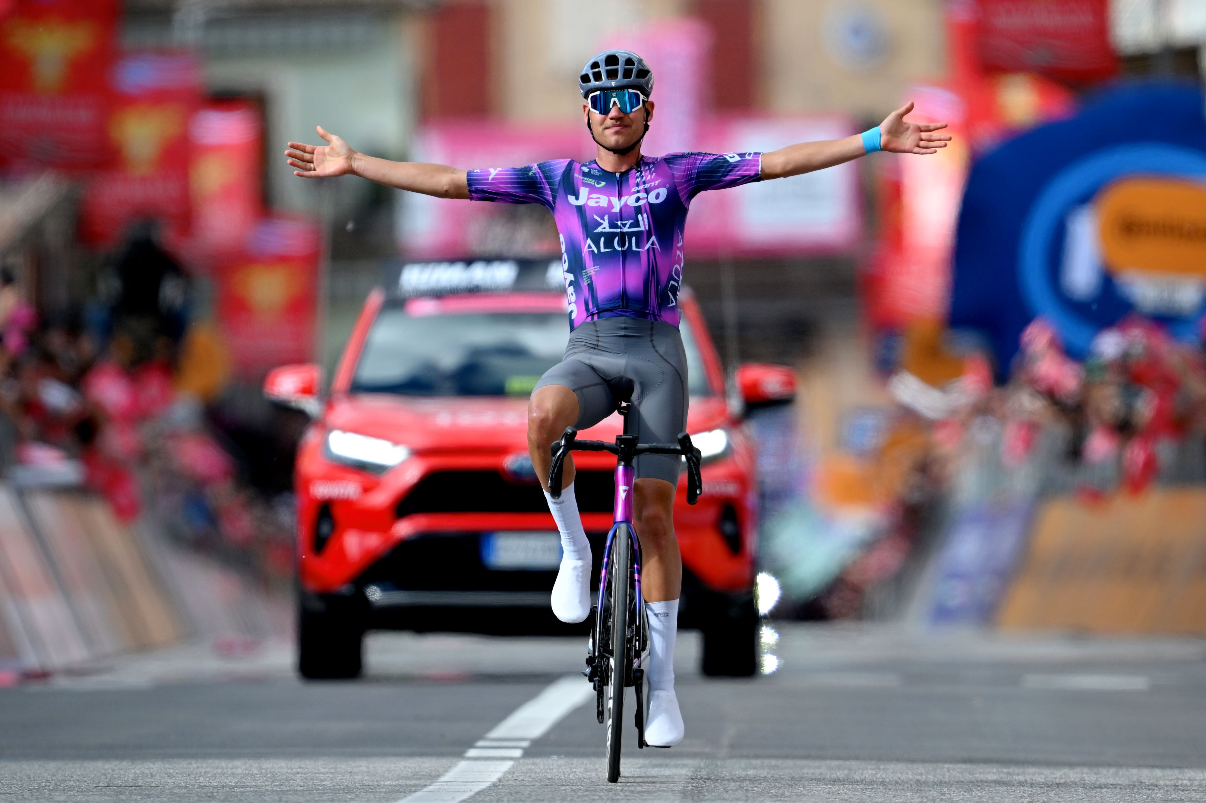 CASTELRAIMONDO, ITALY - MAY 17: Luke Plapp of Australia and Team Jayco AlUla celebrates at finish line as stage winner during the 108th Giro d&#039;Italia 2025, Stage 8 a 197km stage from Giulianova to Castelraimondo / #UCIWT / on May 17, 2025 in Castelraimondo, Italy. (Photo by Tim de Waele/Getty Images)