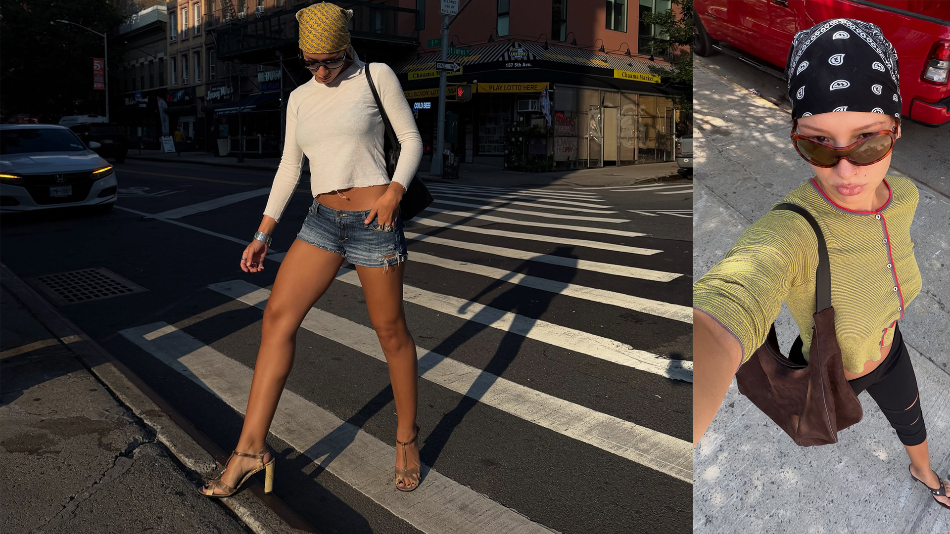 Aisha wears white top with jean shorts, a bandana, and heels. 