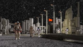 astronauts walk on the surface of the moon among "streetlights" and white buildings