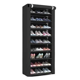 Portable shoe rack with 10 tier and roll down cover in black 