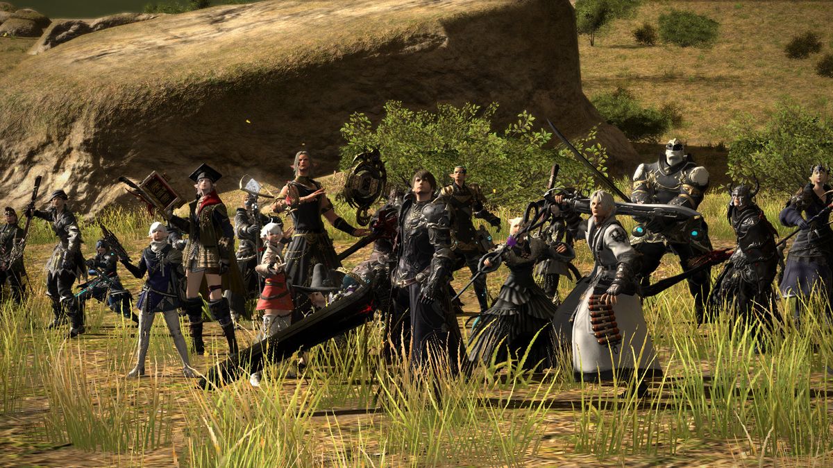 FFXIV characters lined up on a field, looking like they&#039;re ready to take on some dastardly enemy. 