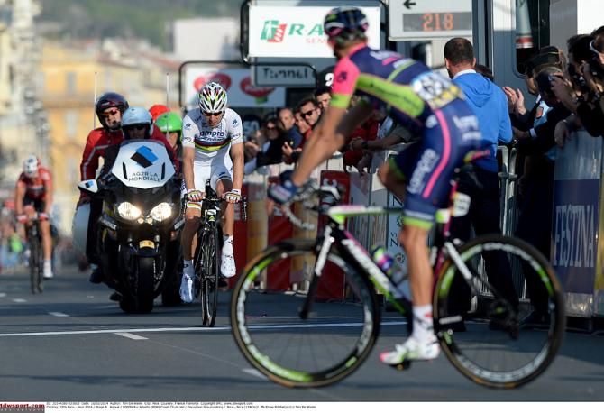 Rui Costa (Lampre-Merida) limps across the line in Nice after a crash