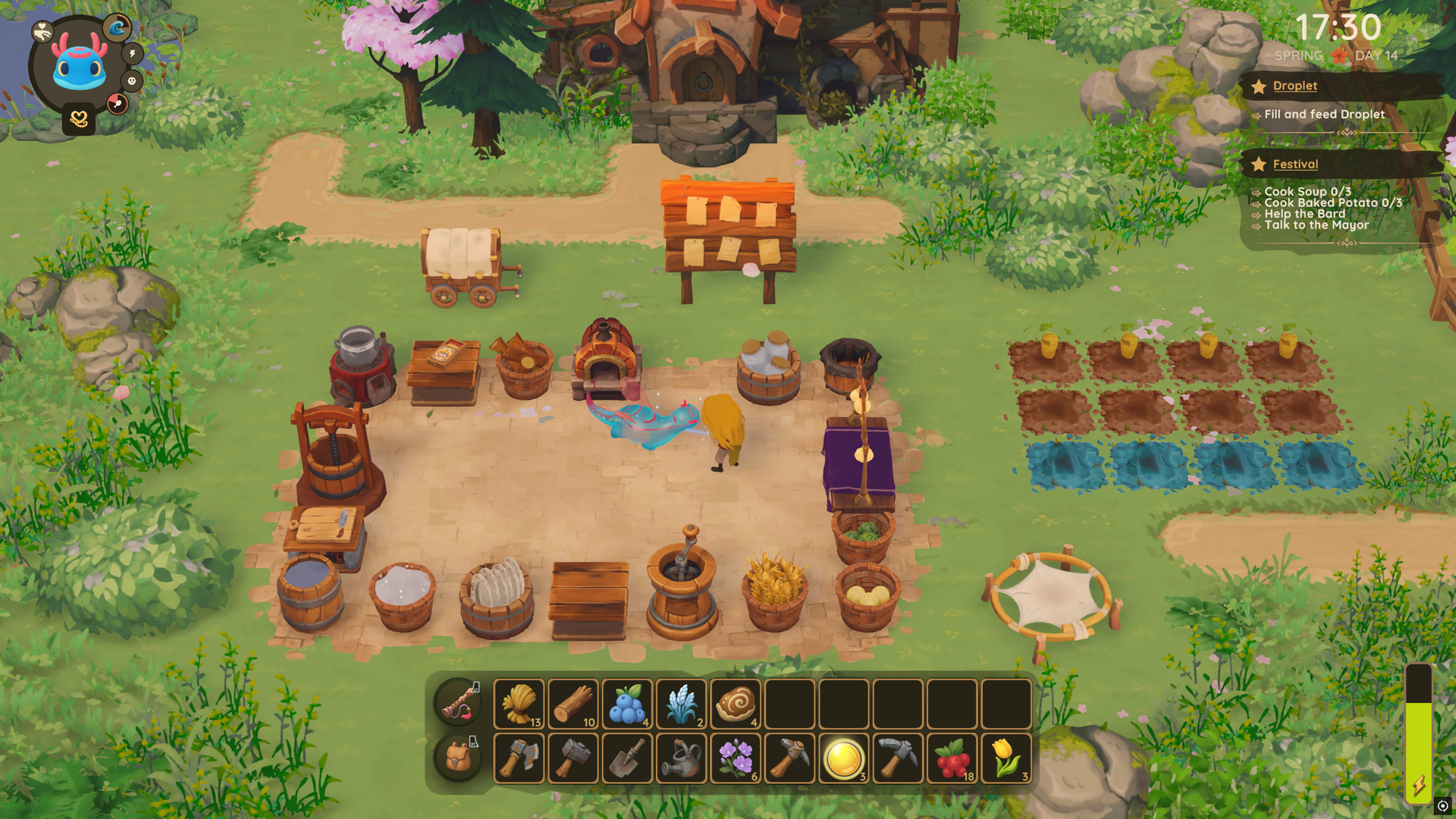 Dragon Shelter - A player pets a water dragon in their kitchen on the farm
