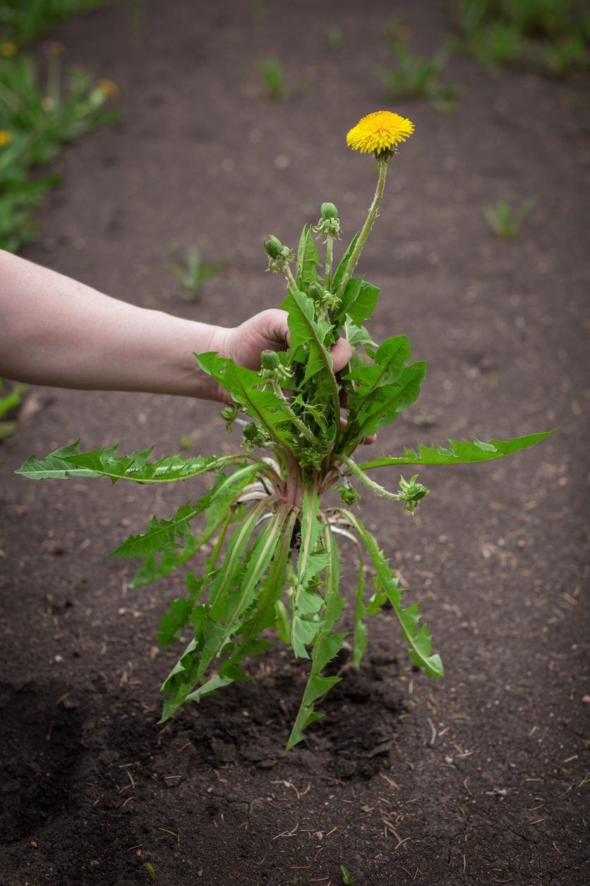 Hand Holding An Uprooted Dandelion Root