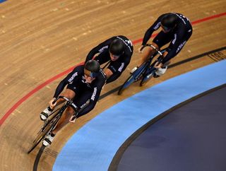 The New Zealand team compete in the Mens Team Sprint qualification during the UCI Track Cycling World Championships