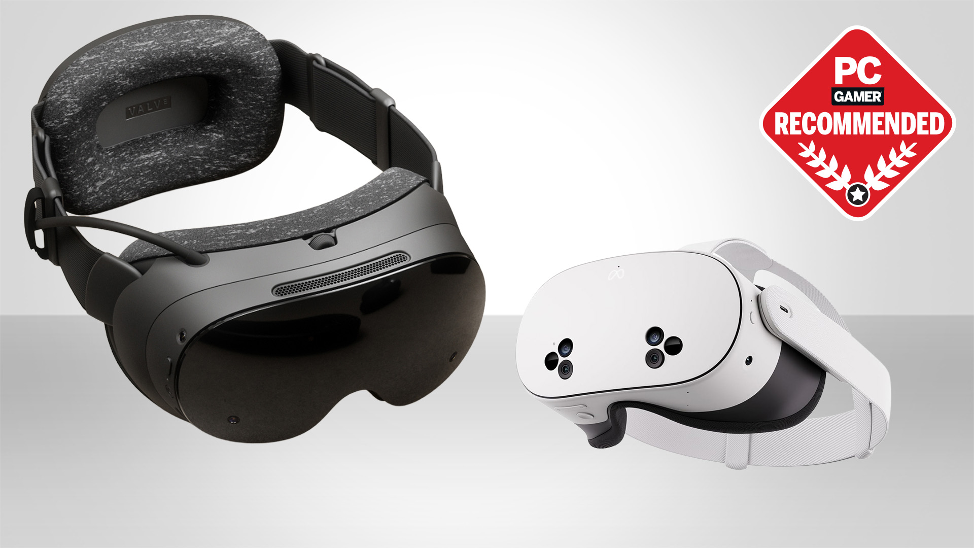 The best VR headsets on a grey background with the PC Gamer Recommends badge in the upper right corner.