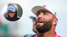 Main image of Jon Rahm half-smiling and looking to the left while Talor Gooch has his hood up and shades on (inset)