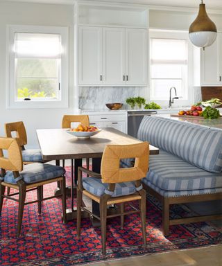 striped banquette seating in a small kitchen