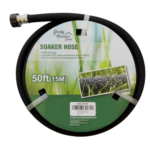 Rocky Mountain Goods Soaker Hose - Heavy Duty Rubber - Saves 70% Water - End Cap Included for Additional Hose Connect - Great for Gardens/flower Beds - Reinforced Fittings (50-Feet by 5/8-Inch)