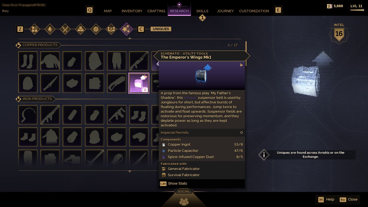 Dune: Awakening spice-infused copper dust - The Emperor's Wings MK.1 in the research menu, showing the materials required to craft it.