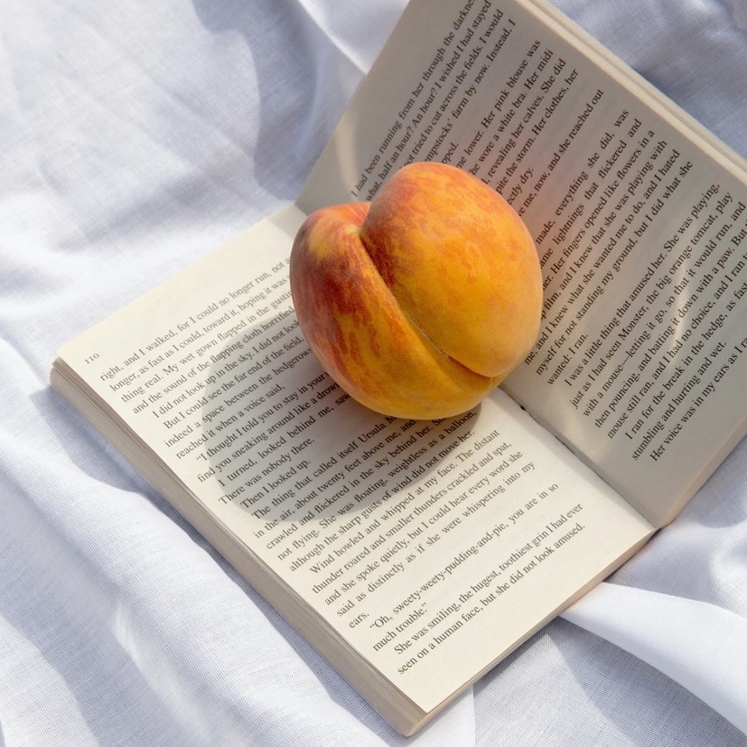 Book and peach on a picnic blanket.