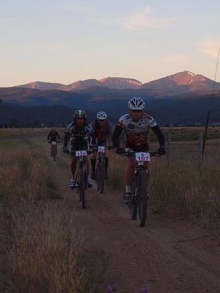 John Curry leads Tinker Juarez and Bill Martin in the early morning hours of the 2011 Butte 100 mountain bike race.
