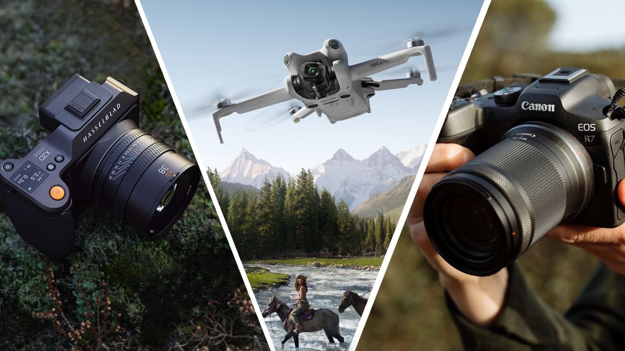 Hasselblad X2D 100C, DJI Mini 4 Pro and Canon EOS R7 cameras
