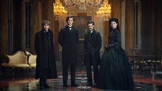 (L-R) Fionn O'Shea as Benjamin Guinness, Anthony Boyle as Arthur Guinness, Louis Partridge as Edward Guinness and Emily Fairn as Anne Guinness in "House of Guinness"