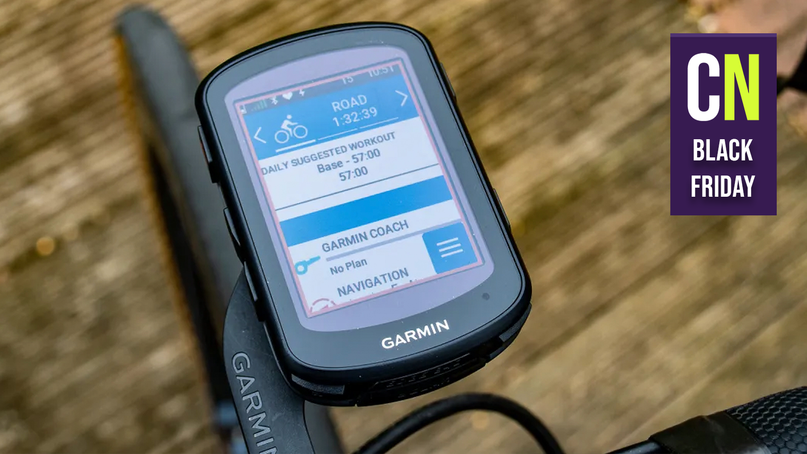 The Garmin Edgo 540 Solar mounted on a handlebar with the CN Black Friday 2025 logo