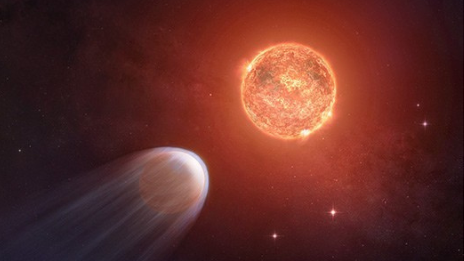 An artist’s illustration depicts a Jupiter-sized planet to the lower left closely orbiting a faint red star. 
