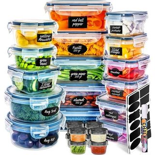 Three stacks of food storage containers with lids, all full of rainbow colored foods, black labels on the front