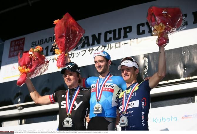 The Japan Cup podium: Edvald Boasson Hagen (Team Sky), Nathan Haas (Garmin-Sharp) and Gregor Bole (Vini Fantini-Nippo)