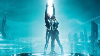 Garrett Hedlund as Samuel "Sam" Flynn and Olivia Wilde as Quorra during Tron: Legacy.