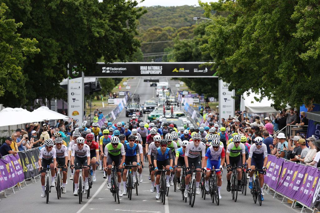 BALLARAT AUSTRALIA JANUARY 15 A general view of the peloton at at start during the Australian Cycling National Championships 2022 Mens U23 Road Race a 1392km race from Ballarat to Ballarat AusCyclingAus on January 15 2022 in Ballarat Australia Photo by Con ChronisGetty Images