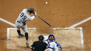 Aaron judge hitting the baseball on a Mets vs Yankees live stream 