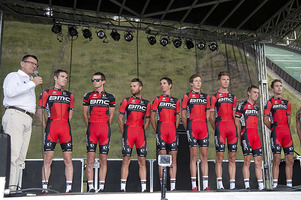 The BMC Racing team on stage in Steamboat Springs