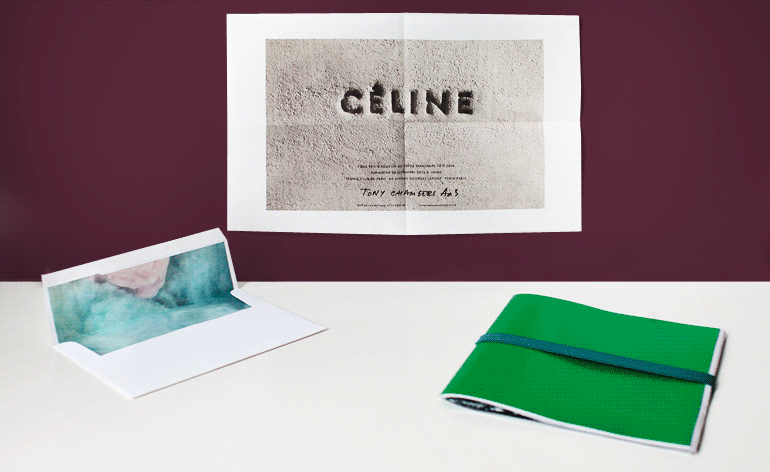 fibre-infused sheet folds out revealing an image of the Celine logo imprinted in cement