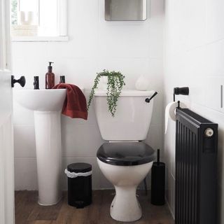 black and white toilet with dustbin and basin