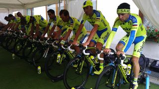 Tinkoff-Saxo warming up pre-stage 16. Ivan Basso looks as if he's looking forward to the stage.