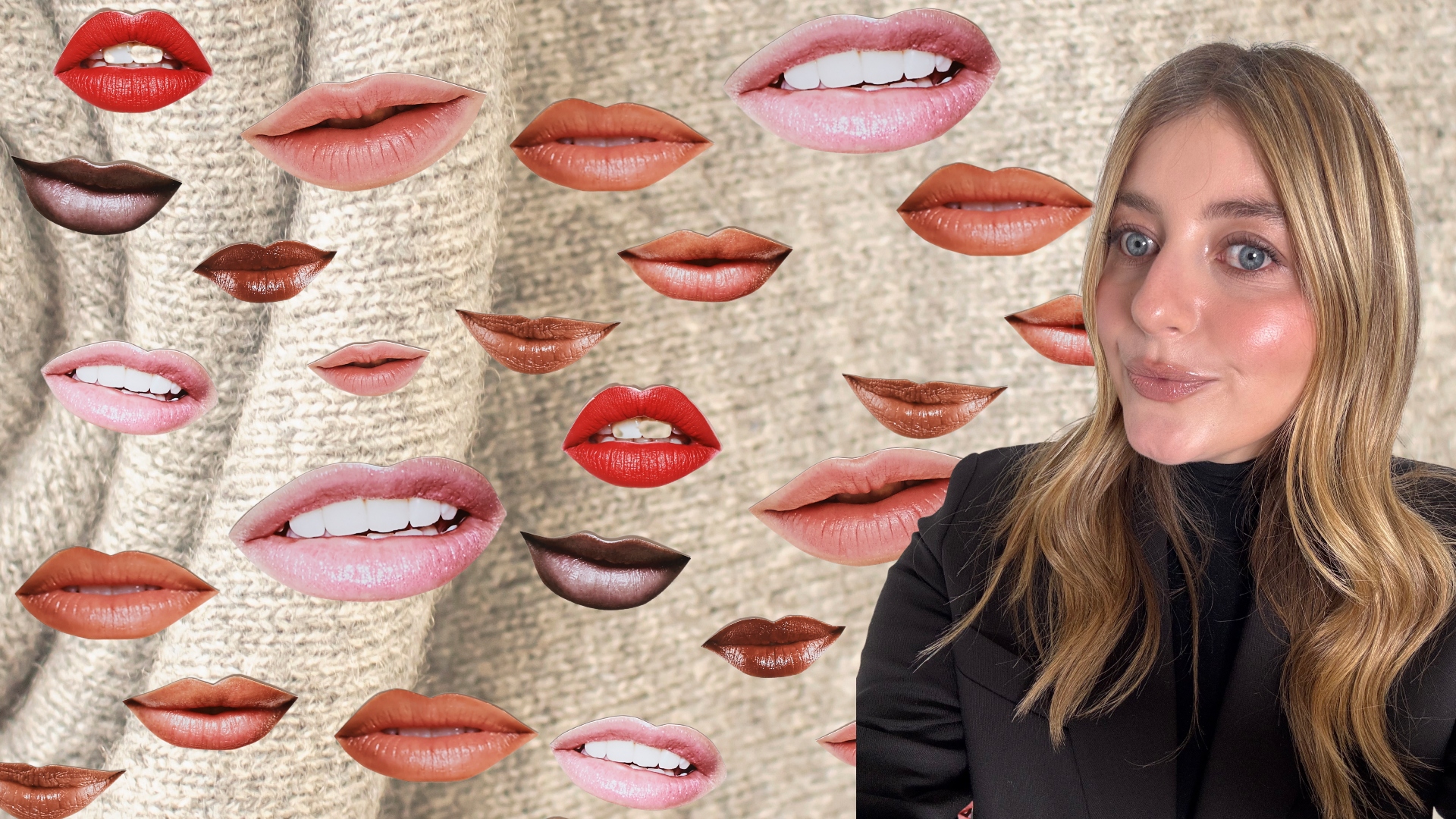 girl on a cashmere sweater background with a collage of lips
