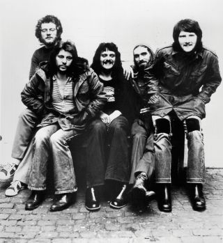 Stealers Wheel, 1973, with Joe Egan (far left) plus Gerry Rafferty (far right). Stuck in the middle: Rab Noakes, Tony Williams, Rod Coombes