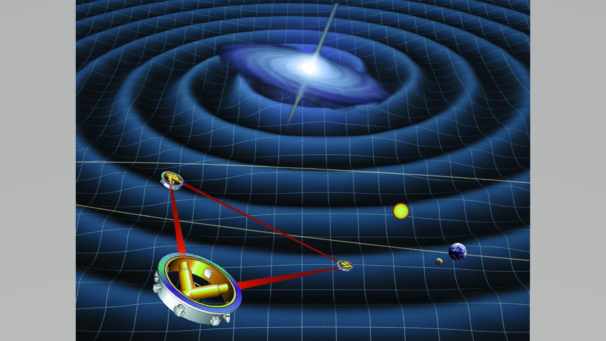 Un'illustrazione di LISA, un rivelatore di onde gravitazionali spaziali proposto, che potrebbe indagare su ulteriori fusioni di buchi neri.