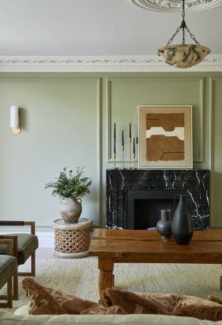 Pale grey living room with black marble fireplace
