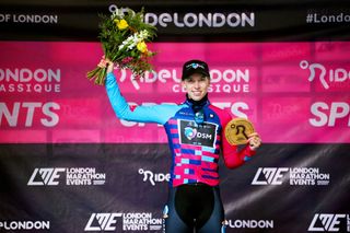 LONDON ENGLAND MAY 29 Lorena Wiebes of Netherlands and Team DSM celebrates at podium as sprint jersey winner during the 5th RideLondon Classique 2022 Stage 3 a 835km stage from London to London RideLondon UCIWWT on May 29 2022 in London England Photo by Justin SetterfieldGetty Images