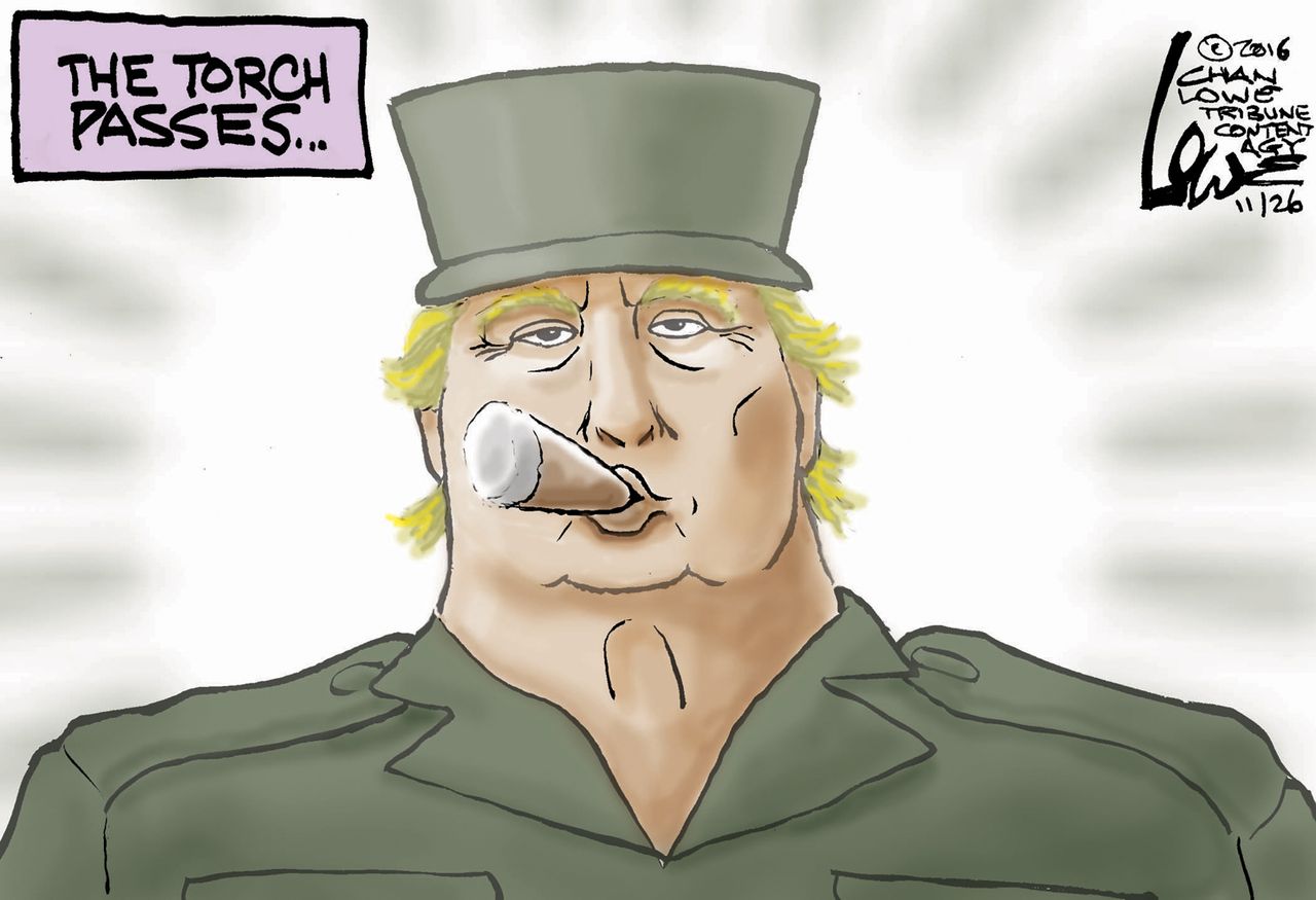 Political cartoon U.S. Donald Trump Fidel Castro torch passed