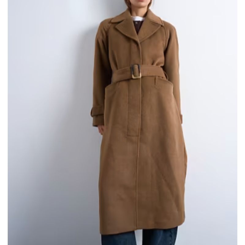 Topshop , Belted Formal Longline Coat with Wool in Camel
