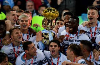 Lazio players celebrate victory over Atalanta in the Coppa Italia final in 2019.