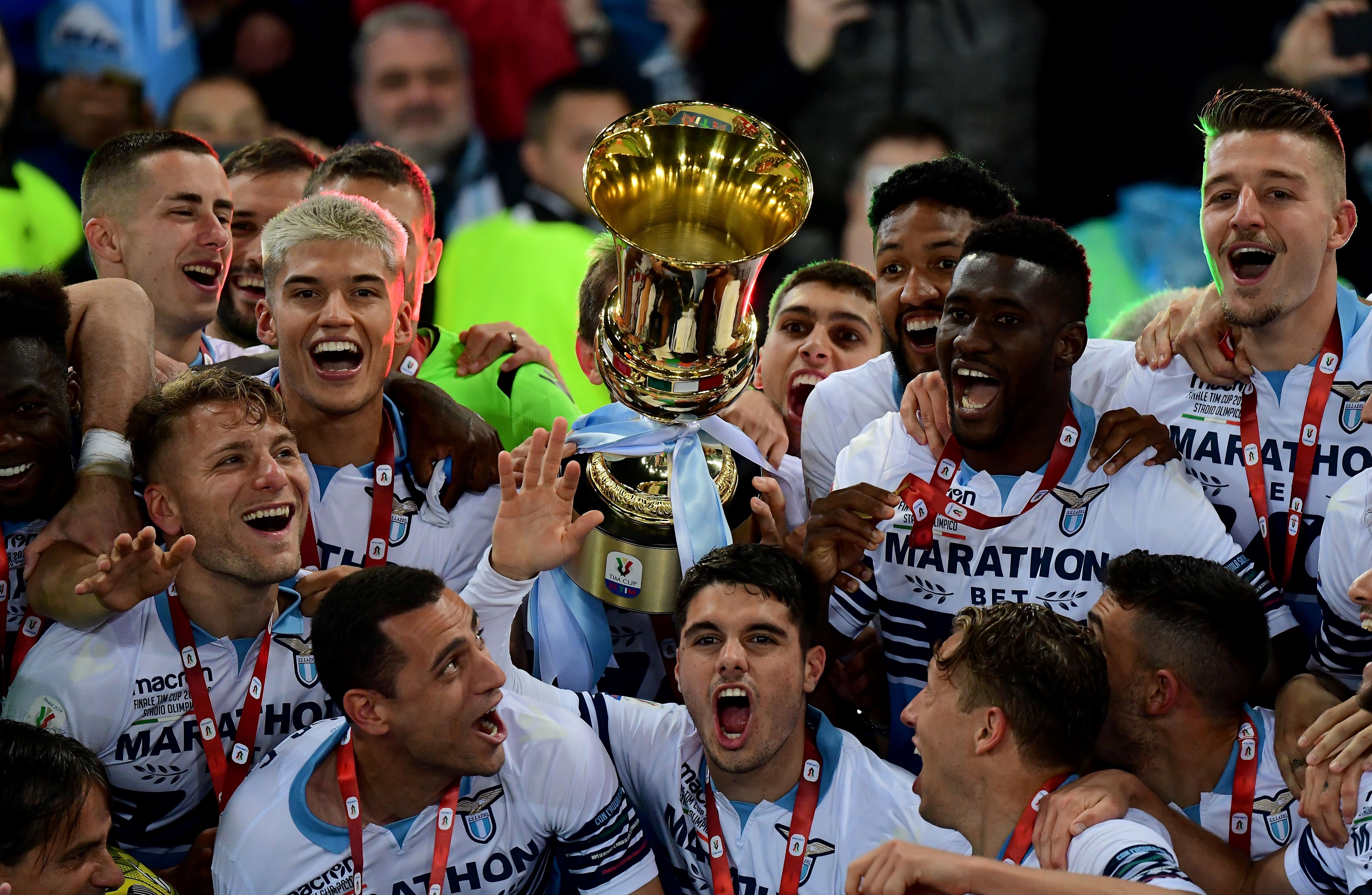 Lazio players celebrate victory over Atalanta in the Coppa Italia final in 2019.