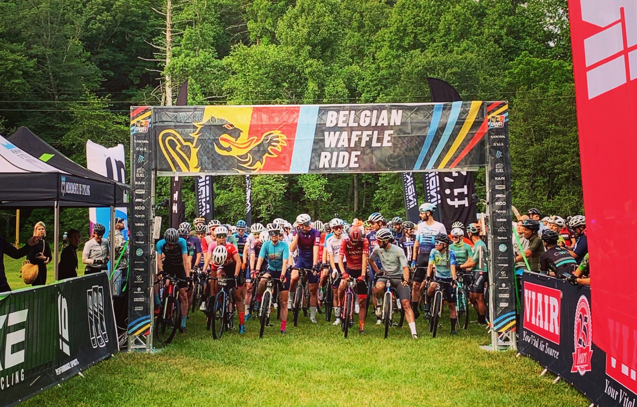 Mass start for Waffle Ride with 40% gravel across 129.5-mile route