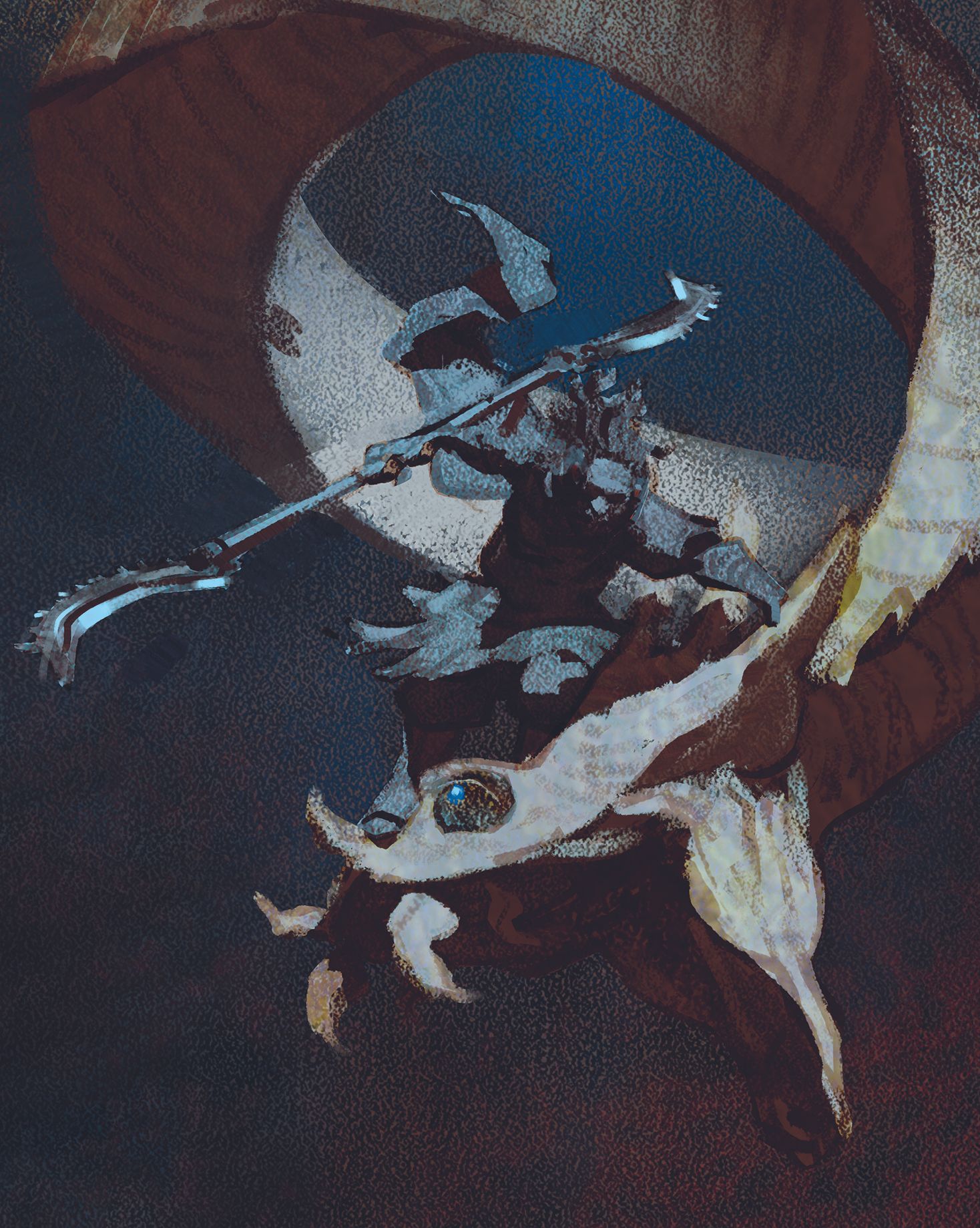 Digital art showing a warrior and a dragon