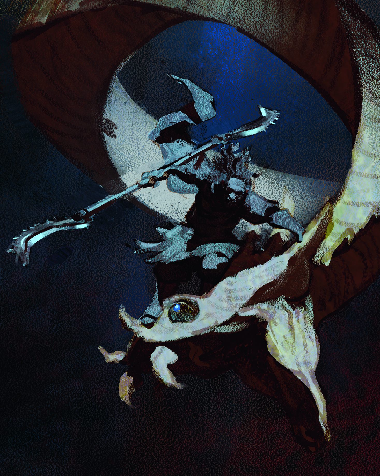 Digital art showing a warrior and a dragon