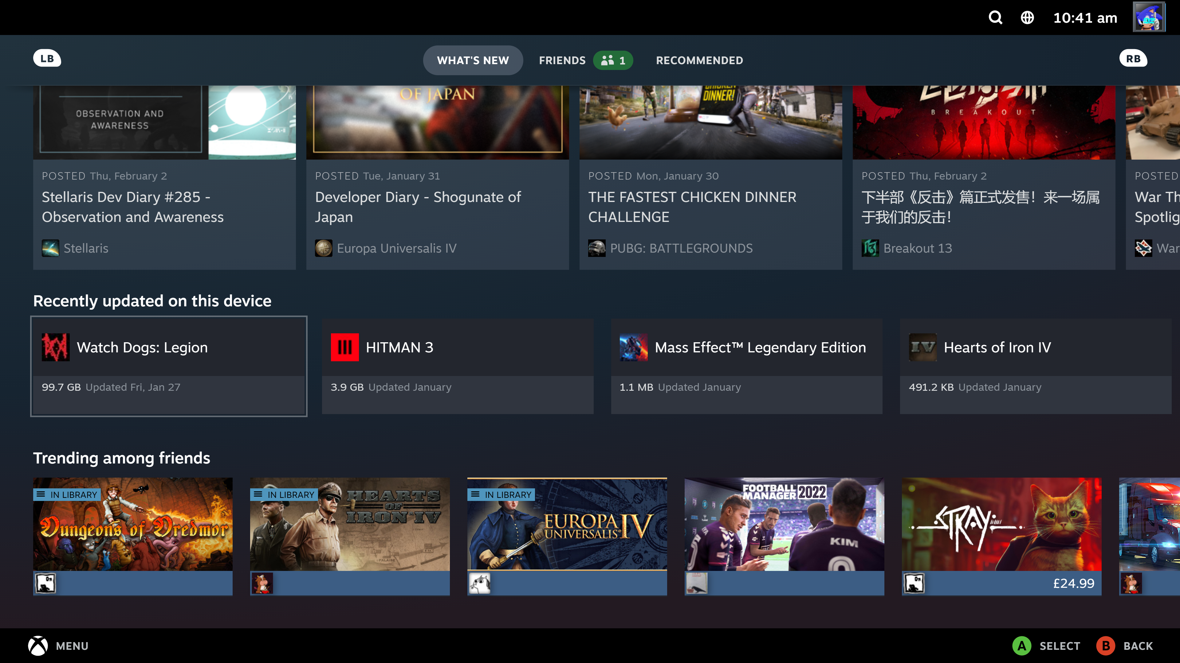 A list of recently-updated games shown within Steam's new Big Picture UI.